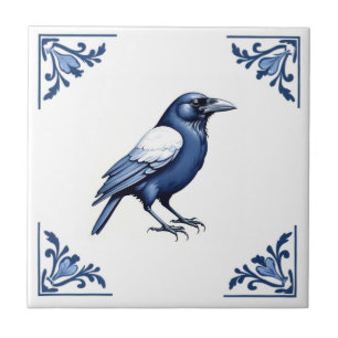 Crow Delft Blue und White Floral Corners Bird Fliese