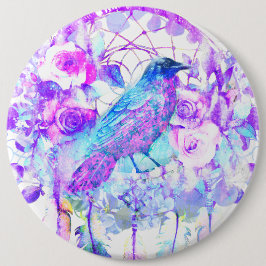 Crow Dreamcatcher Blue Lila Floral Button