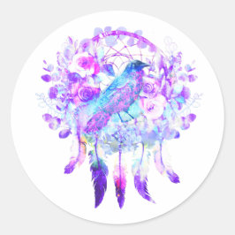 Crow Dreamcatcher Blue Lila Floral Runder Aufkleber