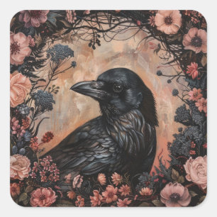Crow "Hütte Core" Blumenland. Goth Quadratischer Aufkleber