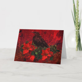Crow on Poinsettias and Holly Christmas Card Feiertagskarte