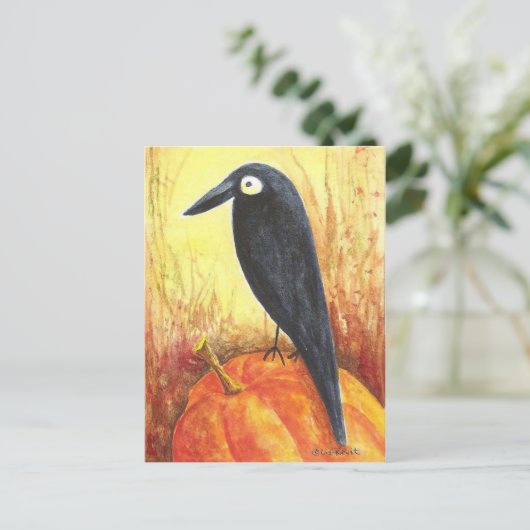 Crow on Pumpkin Postcard von Liz Revit Postkarte (Stehend Vorderseite)