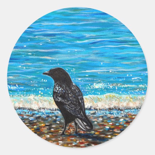Crow on the Beach 2 Painting Runder Aufkleber (Vorderseite)