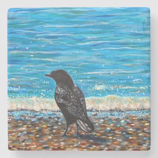 Crow on the Beach 3 Painting Steinuntersetzer (Vorderseite)