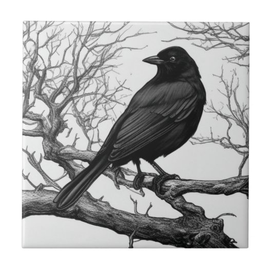 Crow Perched on Bare Winter Branches Fliese (Vorderseite)