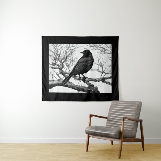 Crow Perched on Bare Winter Branches Wandteppich (Beispiel (Horizontal))