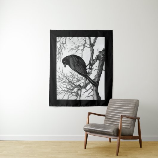 Crow Perched on Bare Winter Branches Wandteppich (Beispiel)