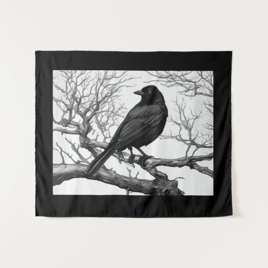 Crow Perched on Bare Winter Branches Wandteppich (Vorderseite (Horizontal))