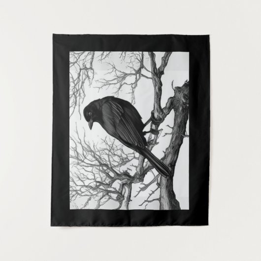 Crow Perched on Bare Winter Branches Wandteppich (Vorderseite)