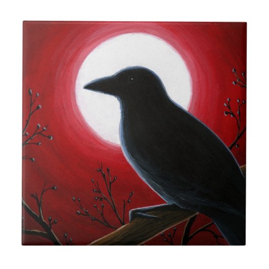 Crow Raven Bird 62 Moon Red Fliese (Vorderseite)