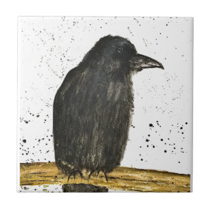 Crow Raven Black rustic Vintag Watercolor-Vogel Fliese
