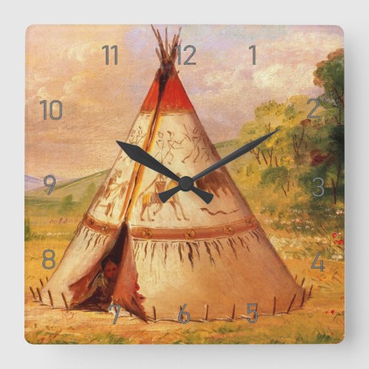 Crow Teepee Wigwam, George Catlin Art Quadratische Wanduhr (Vorderseite)