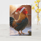 Crowing Christmas Rooster Wearing a Santa Hat Karte (Gelbe Blume)