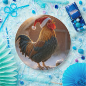Crowing Christmas Rooster Wearing a Santa Hat Pappteller (Party)