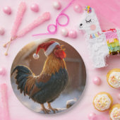 Crowing Christmas Rooster Wearing a Santa Hat Pappteller (Party)