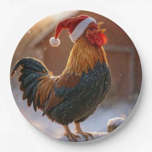 Crowing Christmas Rooster Wearing a Santa Hat Pappteller (Vorderseite)