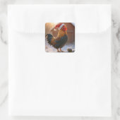 Crowing Christmas Rooster Wearing a Santa Hat Quadratischer Aufkleber (Tasche)