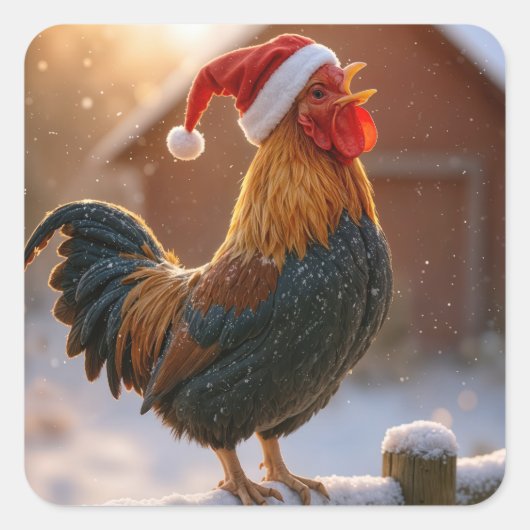 Crowing Christmas Rooster Wearing a Santa Hat Quadratischer Aufkleber (Vorderseite)