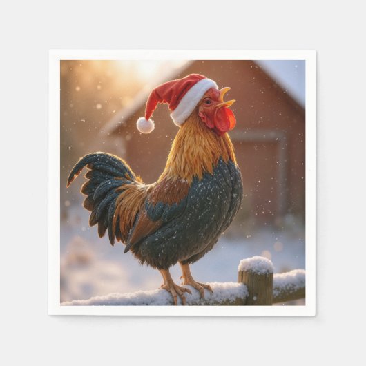Crowing Christmas Rooster Wearing a Santa Hat Serviette (Vorderseite)