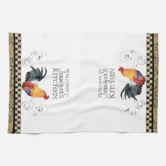 Crowing Rooster Black & Tan Karo Swirl Küche Küchentuch (Horizontal)