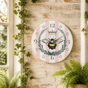 Crown Bee Rosa und weiß gestreifte Wanduhr