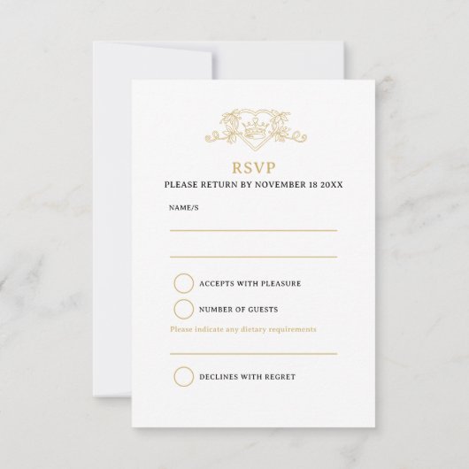 Crown Blätter Monogramm Hochzeitgold RSVP Karte (Rückseite)