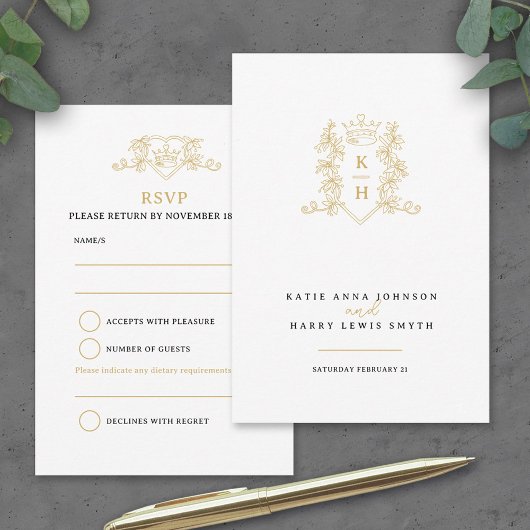 Crown Blätter Monogramm Hochzeitgold RSVP Karte