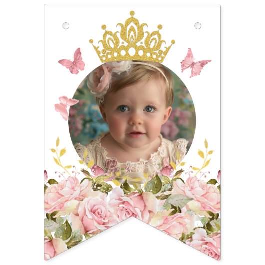Crown Butterfells Pink Floral Foto Happy Birthday Wimpelkette (Erste Fahne)