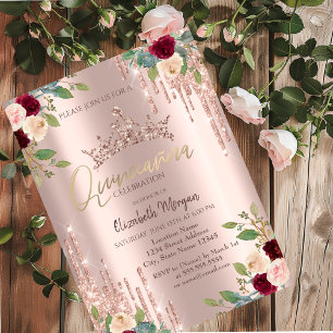 Crown Drop, Burgunderrosen Rose Gold Quinceañera Einladung