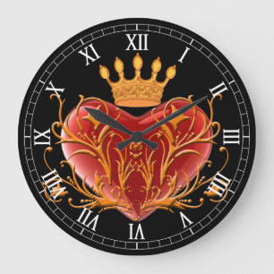 Crown Filigree Heart Round Roman Numerals Clock Große Wanduhr