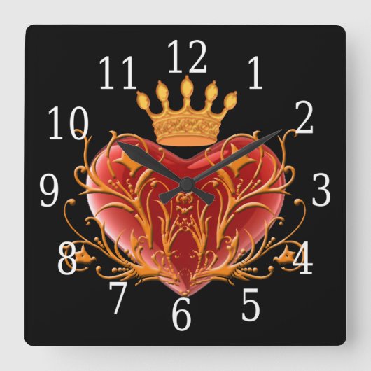 Crown Filigree Heart Square Clock Quadratische Wanduhr (Vorderseite)