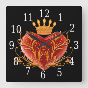 Crown Filigree Heart Square Clock Quadratische Wanduhr