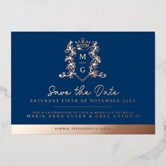 Crown Foto Hochzeit speichern das Datum blaue Rose Folieneinladung (Vorderseite)