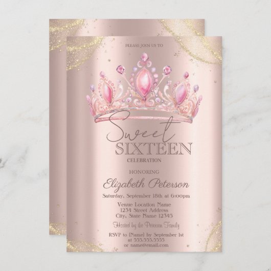 Crown Gold Glitter Corners Rose Gold Sweet 16 Einladung (Vorne/Hinten)