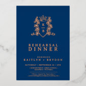 Crown Monogram Blue Rose Gold Hochzeit Probe Folieneinladung (Vorderseite)