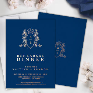 Crown Monogram Blue Rose Gold Hochzeit Probe Folieneinladung