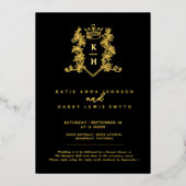 Crown Monogram Foilage Hochzeit schwarzes Gold Folieneinladung (Vorderseite)