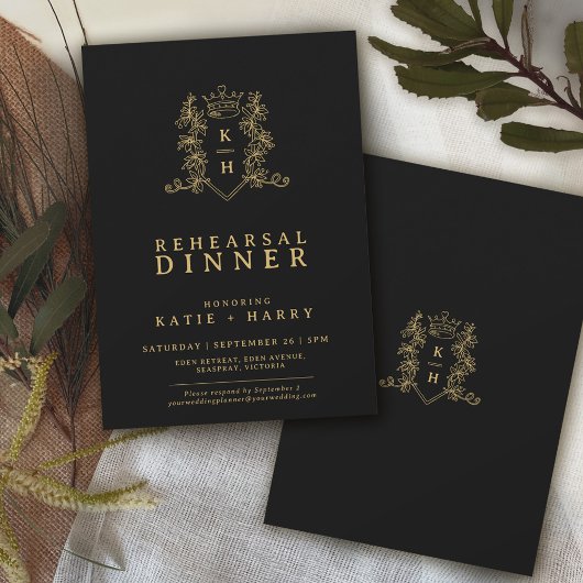 Crown monogram gold black wedding Probe Einladung
