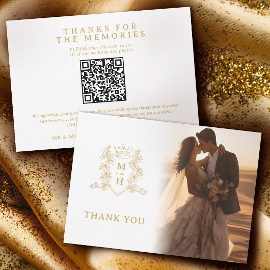 Crown monogram gold wedding Fotos QR Code Dankeskarte