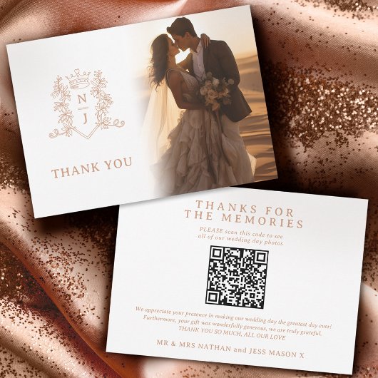 Crown Monogram Rose Gold Hochzeit Fotos QR Code Dankeskarte