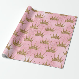 Crown Pink and Gold Glitzer Effect Wrapping Paper Geschenkpapier