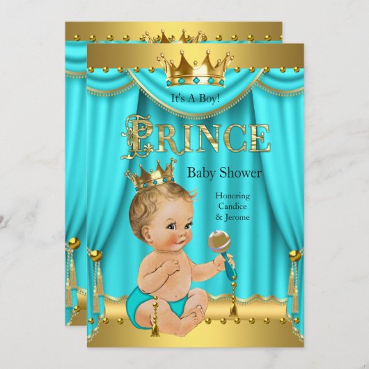 Crown Prince Baby Dusche Gold Aqua Aquamarin Blond Einladung (Vorne/Hinten)
