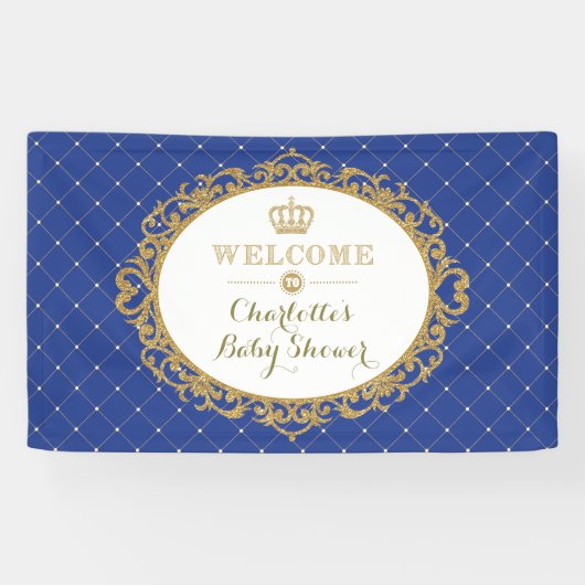 Crown Prince Royal Blue Gold Baby Dusche Willkomme Banner (Horizontal)