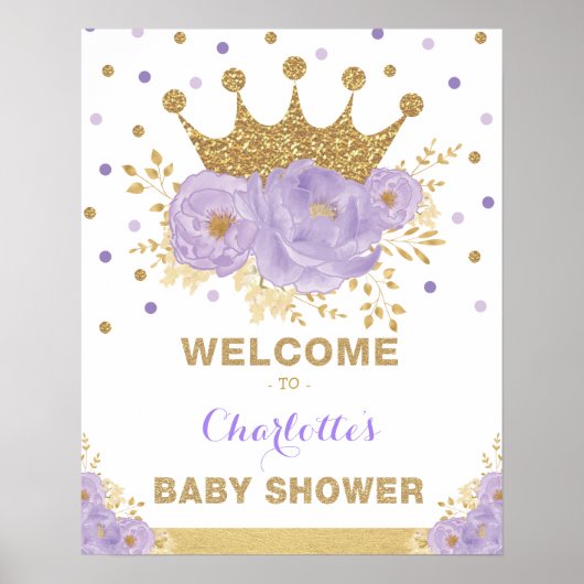 Crown Princess Lila Floral Baby Dusche Willkommen Poster (Vorne)