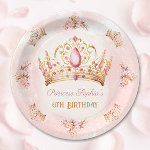 Crown Princess Pink Floral Gold Girl Geburtstag Pappteller