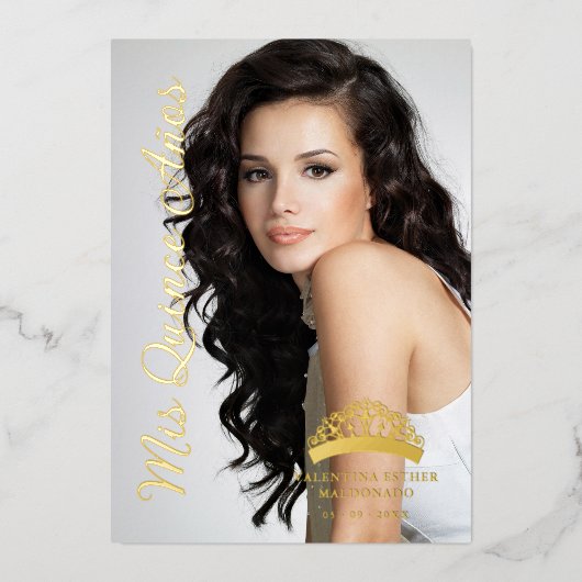 Crown Quinceañera Minimales Foto Extravagante Kall Folieneinladung (Vorderseite)