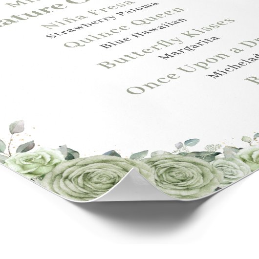 Crown Sage Green Floral Quinceanera Bar Drink Menü Poster (Ecke)