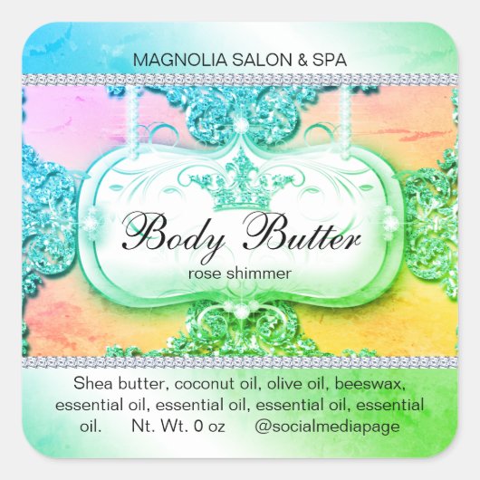 Crown Salon Glitzer Green Blue Quadratischer Aufkleber (Vorderseite)