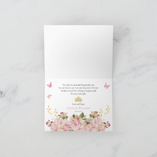 Crown | Schmetterlinge BlumenPrinzessin Geburtstag Dankeskarte (Innenseite)
