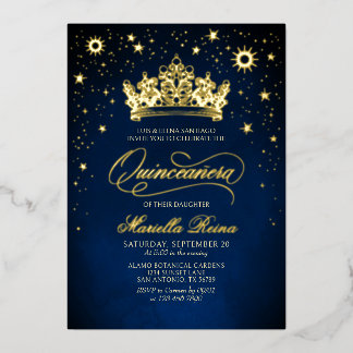Crown Tiara Navy Gold Quinceañera Einladung